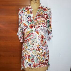 Grand&Greene Size L Blouse Button Down Rainbow Paisley 3/4 Roll Tab Sleeve Aysm